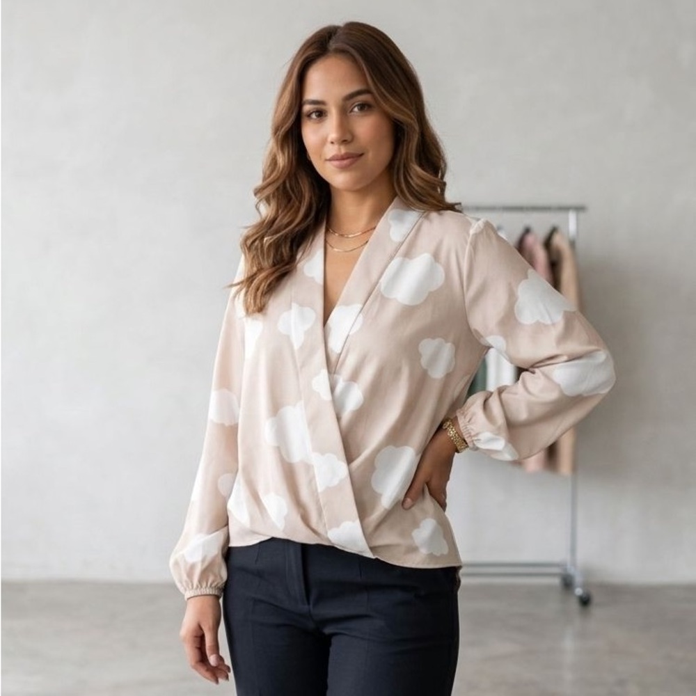 Step. Women’s Cream Cloud-Print Wrap Blouse
